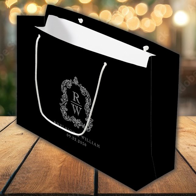 Monogram Wappen Dusty Black and White Wedding Große Geschenktüte (Von Creator hochgeladen)