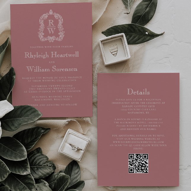 Monogram Wappen Dusty Rose QR Code Hochzeit Einladung (Von Creator hochgeladen)