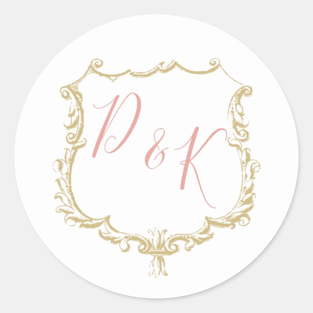 Monogram Wappen Gold Blush Wedding Runder Aufkleber (Vorderseite)