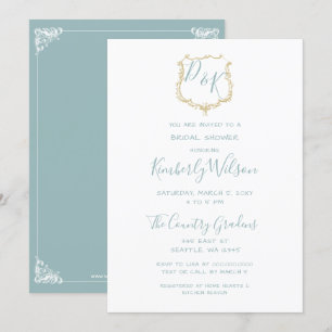 Monogram Wappen Gold Dusty Blue Brautparty Einladung