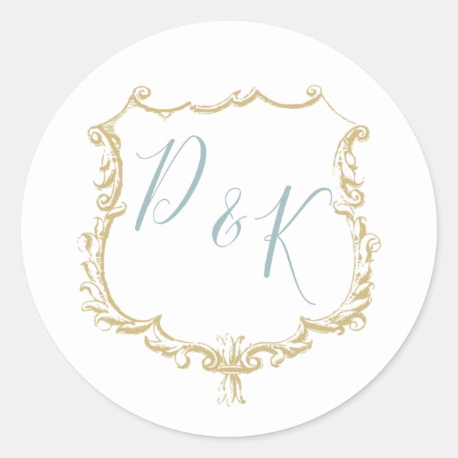 Monogram Wappen Gold Dusty Blue Wedding Runder Aufkleber (Vorderseite)