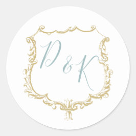 Monogram Wappen Gold Dusty Blue Wedding Runder Aufkleber