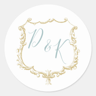Monogram Wappen Gold Dusty Blue Wedding Runder Aufkleber