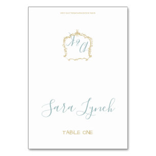 Monogram Wappen Gold Dusty Blue Wedding Tischnummer