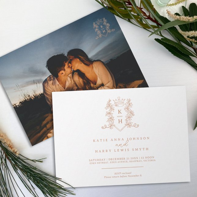 Monogram Wappen Herz Rose Gold Einladung (Von Creator hochgeladen)