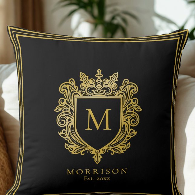 Monogram-Wappen-Kissen Kissen (Gold Monogram Crest Throw Pillow)