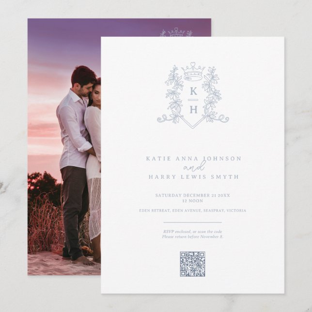 Monogram Wappen Kronsilber Hochzeit QR-Code Einladung (Vorne/Hinten)