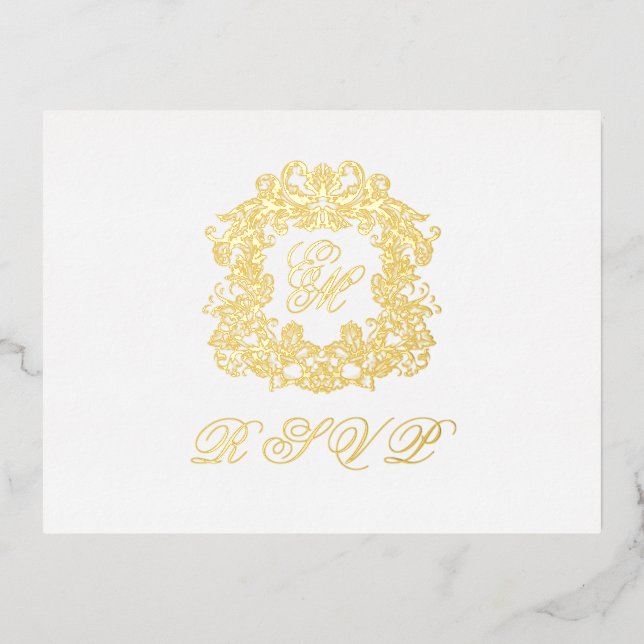 Monogram Wappen Menu Wedding Gold Foil RSVP Card Folie Einladungspostkarte (Vorderseite)