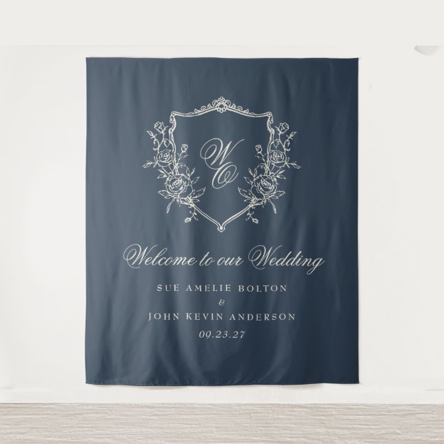 Monogram Wappen Navy Blue Wedding Wandteppich (Vorderseite)