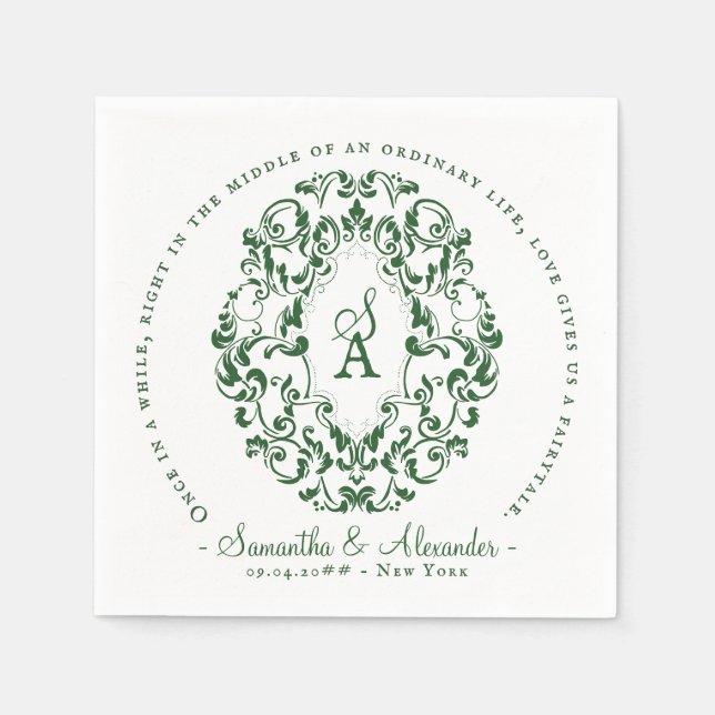 Monogram Wappen Old Print Emerald Green Wedding Serviette (Vorderseite)