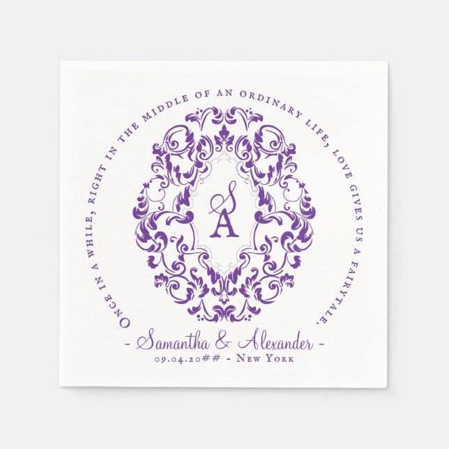 Monogram Wappen Old Print Royal Lila Wedding Serviette (Vorderseite)