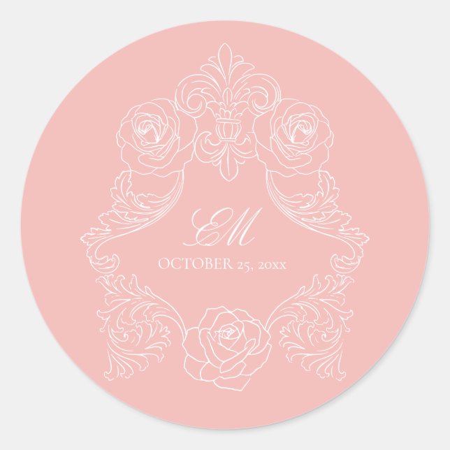 Monogram Wappen Ornament Blush Pink Wedellogo Runder Aufkleber (Vorderseite)
