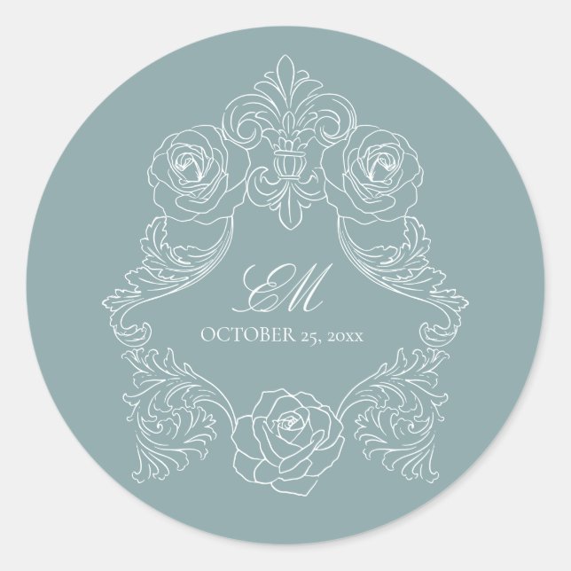 Monogram Wappen Ornament Dusty Blue Wedellogo Runder Aufkleber (Vorderseite)