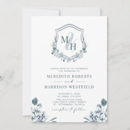 Monogram Wappen QR Code Dusty Blue Floral Wedding Einladung