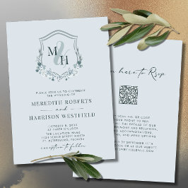 Monogram Wappen QR Code UAWG Dusty Blue Wedding Einladung