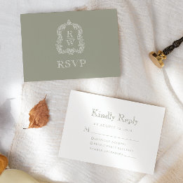 Monogram Wappen Sage Green Wedding RSVP Karte