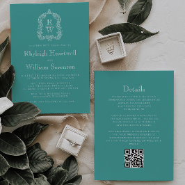 Monogram Wappen Türkis QR Code Hochzeit Einladung