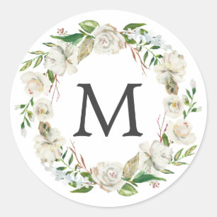 Monogram Wasserfarbe Antikes Weißes Blumendraht Runder Aufkleber