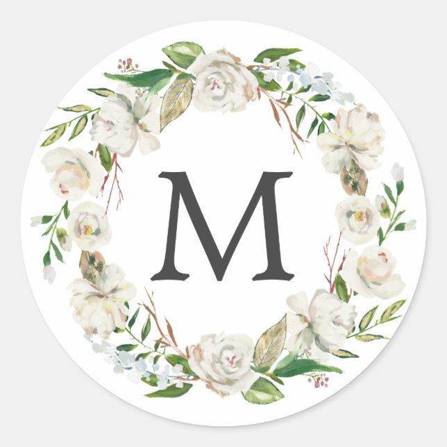 Monogram Wasserfarbe Antikes Weißes Blumendraht Runder Aufkleber (Vorderseite)