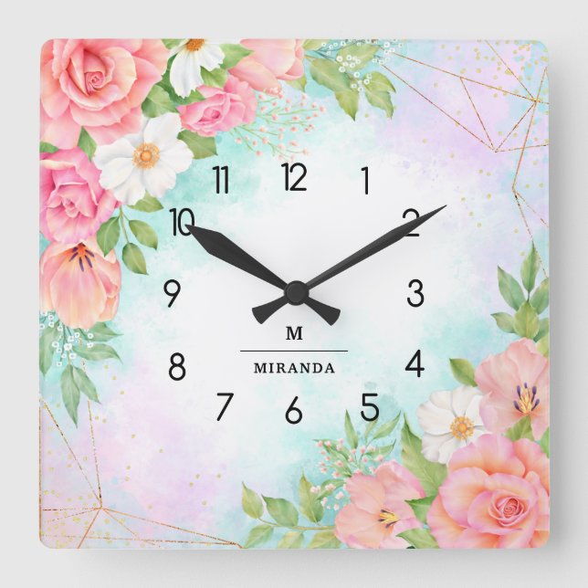 Monogram Wasserfarbe Blumengrün Pink Geometrie Quadratische Wanduhr (Vorderseite)