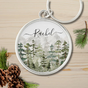 Monogram Wasserfarbe Grüner Kiefernwald auf dem Be Schlüsselanhänger