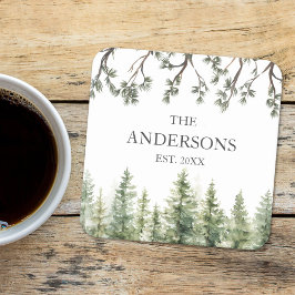 Monogram Wasserfarbe Rustikale Pinienbäume und -zw Rechteckiger Pappuntersetzer