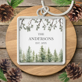 Monogram Wasserfarbe Rustikale Pinienbäume und -zw Schlüsselanhänger