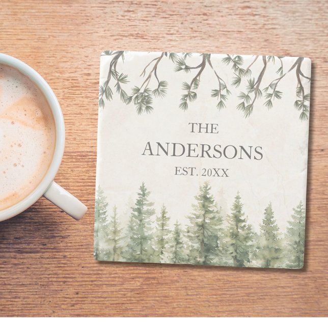 Monogram Wasserfarbe Rustikale Pinienbäume und -zw Steinuntersetzer (In situ)