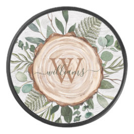 Monogram Wasserfarbe Rustikaler Holzschnitt und Fo Eishockey Puck