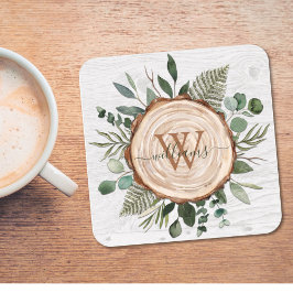 Monogram Wasserfarbe Rustikaler Holzschnitt und Fo Rechteckiger Pappuntersetzer