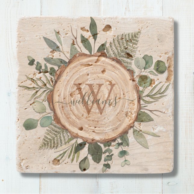 Monogram Wasserfarbe Rustikaler Holzschnitt und Fo Steinuntersetzer (Von Creator hochgeladen)