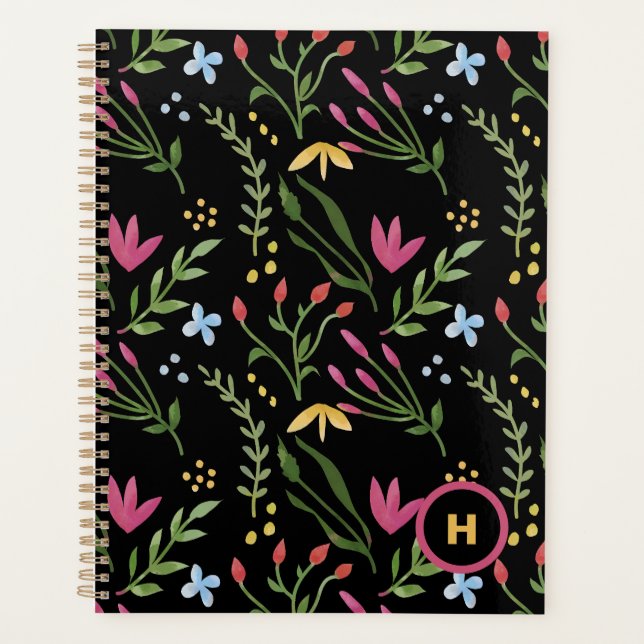 Monogram Wasserfarbe Wildblume Schwarz Botanisch Planer (Vorderseite)