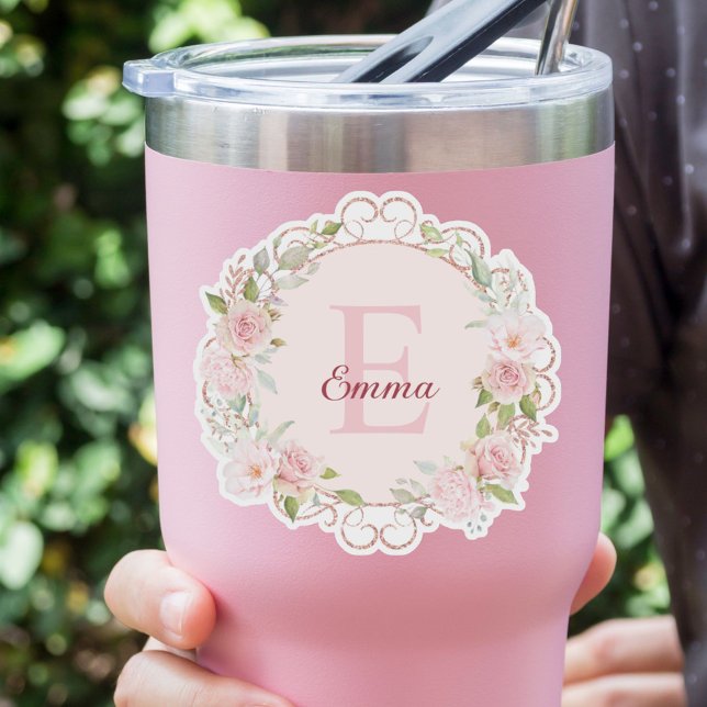 Monogram Watercolor Blush Pink Rose Flowers Floral Aufkleber (In situ)