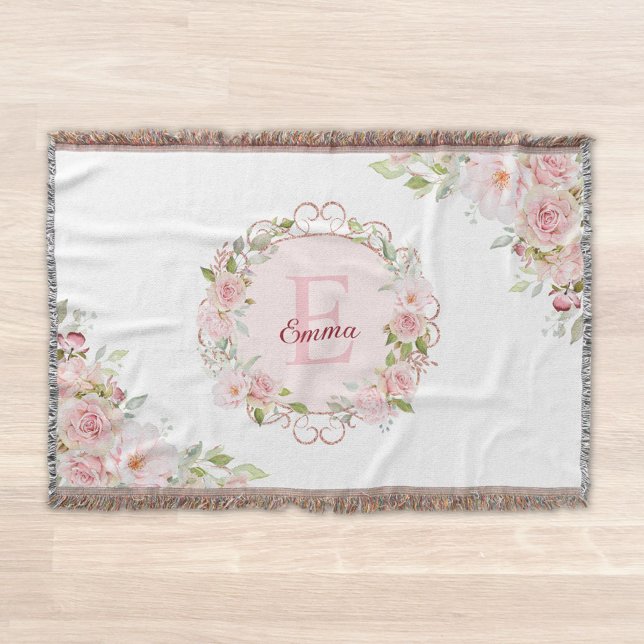 Monogram Watercolor Blush Pink Rose Flowers Floral Decke (Close up)