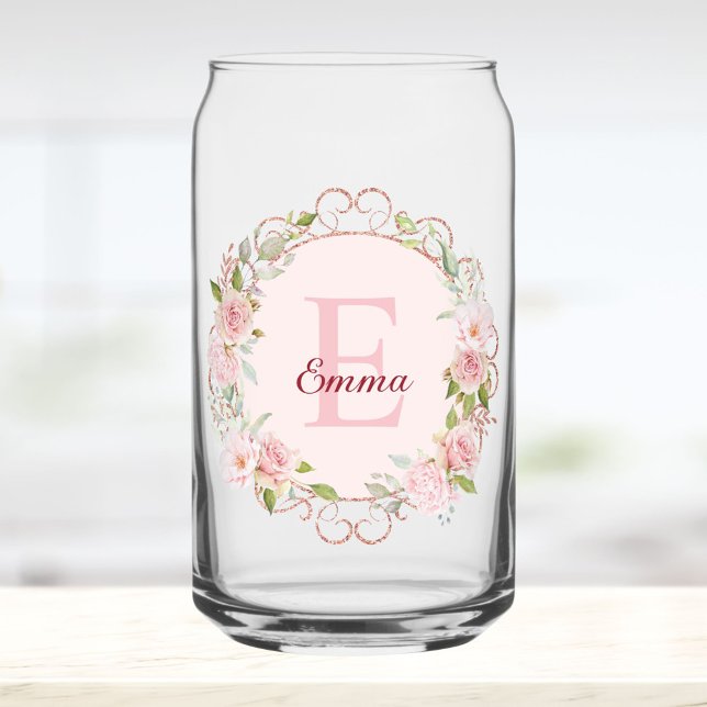 Monogram Watercolor Blush Pink Rose Flowers Floral Dosenglas (In situ)