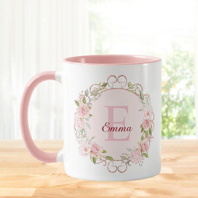 Monogram Watercolor Blush Pink Rose Flowers Floral Tasse (In situ)