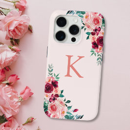 Monogram Watercolor Boho Pink Burgundy Rose Blume Case-Mate iPhone Hülle