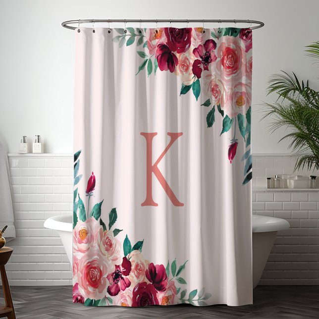 Monogram Watercolor Boho Pink Burgundy Rose Blume Duschvorhang (In situ bathroom)