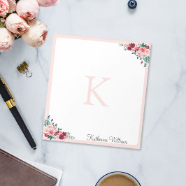 Monogram Watercolor Boho Pink Burgundy Rose Blume Notizblock