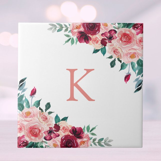 Monogram Watercolor Boho Pink Burgundy Rose Floral Fliese (Close up)