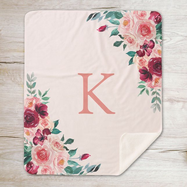Monogram Watercolor Boho Pink Burgundy Rose Floral Sherpadecke (Close up on wood)