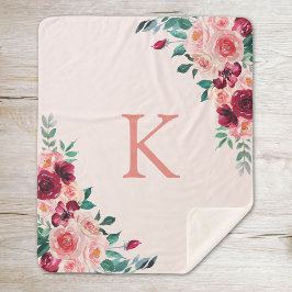 Monogram Watercolor Boho Pink Burgundy Rose Floral Sherpadecke