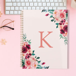 Monogram Watercolor Boho Pink Burgundy Rose Notizbuch