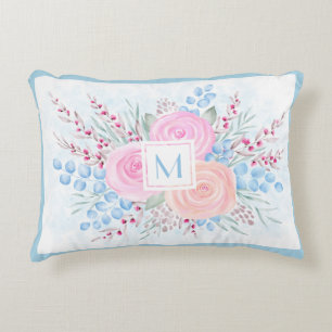 Monogram Watercolor Bouquet Pink Roses Blue Blätte Dekokissen