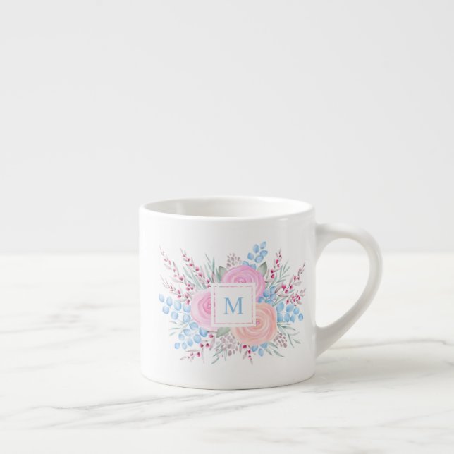 Monogram Watercolor Bouquet Pink Roses Blue Blätte Espressotasse (Rechts)