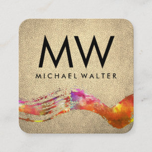 Monogram Watercolor Brushed mit Chic Gold Leder Quadratische Visitenkarte