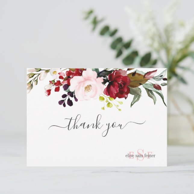 Monogram Watercolor Burgundy Blush-Rose Dankeskarte (Stehend Vorderseite)