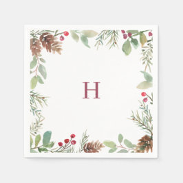 Monogram Watercolor Christmas Greenery Berry Serviette