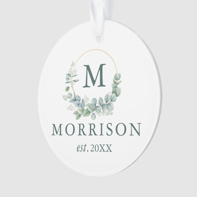 Monogram Watercolor Eucalyptus FOTO BACK Ornament (Vorderseite)