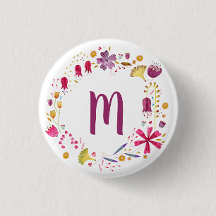 Monogram Watercolor Floral Button